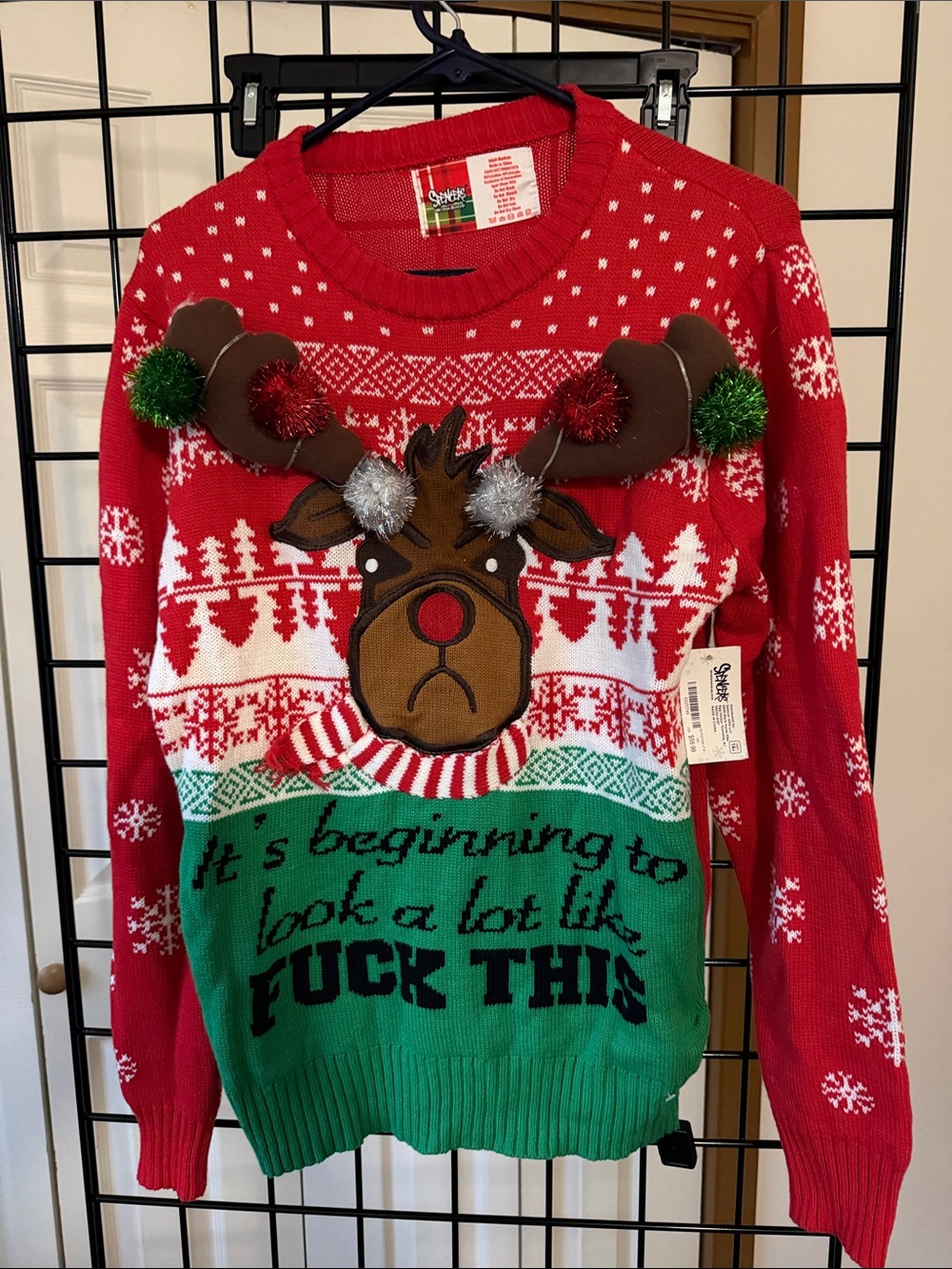 Spencer's Red, Green & White Novelty Reindeer Crewneck Sweater
